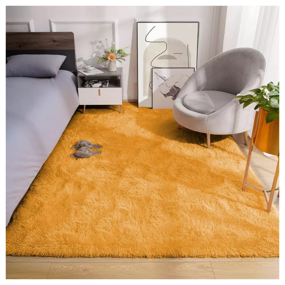 (60 x 110 cm (2 ft x 3 ft 7 in)-Mat, Ochre) Anti Slip Shaggy Rug For Living Room Runner Carpet