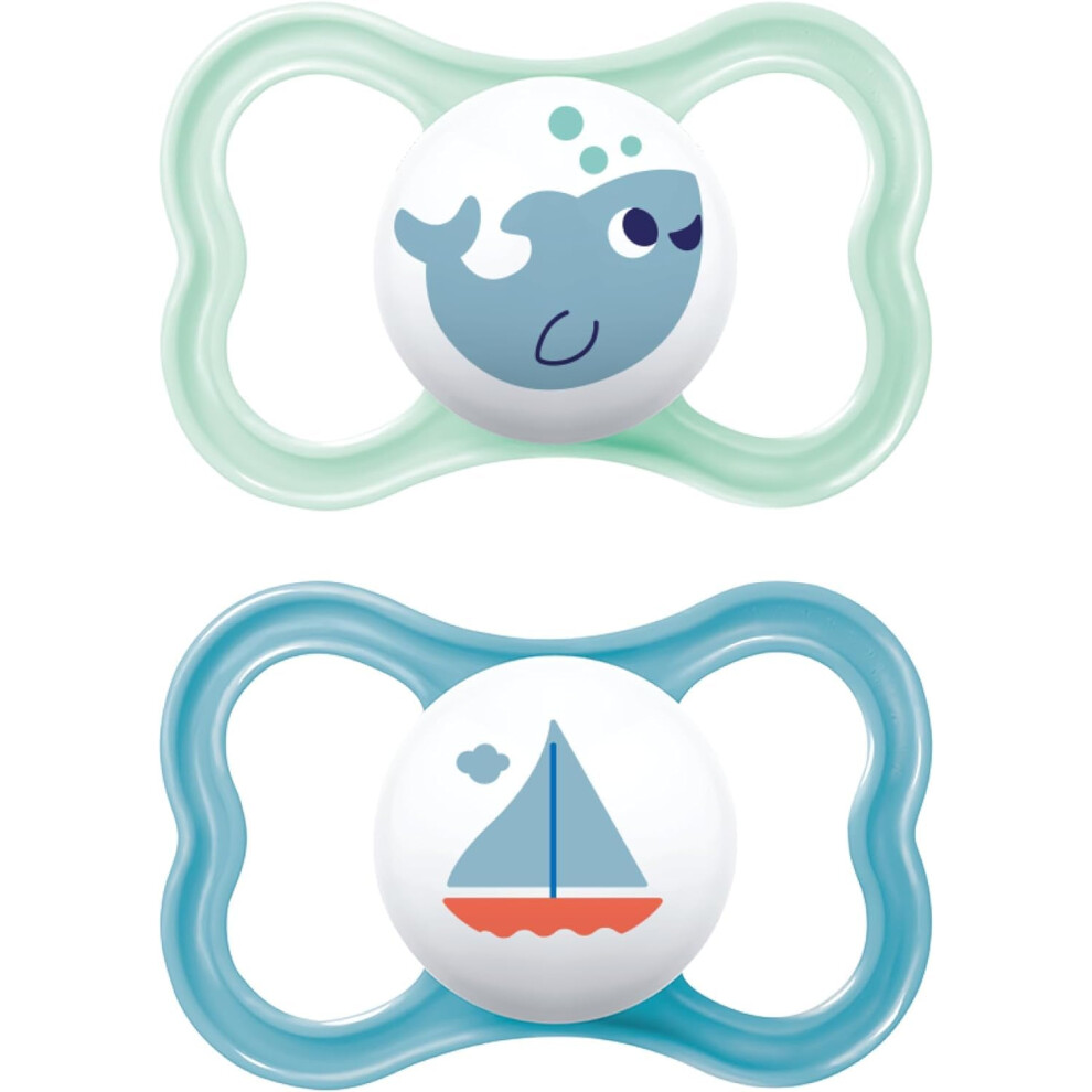 Air Soothers 16+ Months (Pack of 2), Baby Soothers with Sterilisable Travel Case, Baby Essentials, Blue/Cream (Designs May Vary)