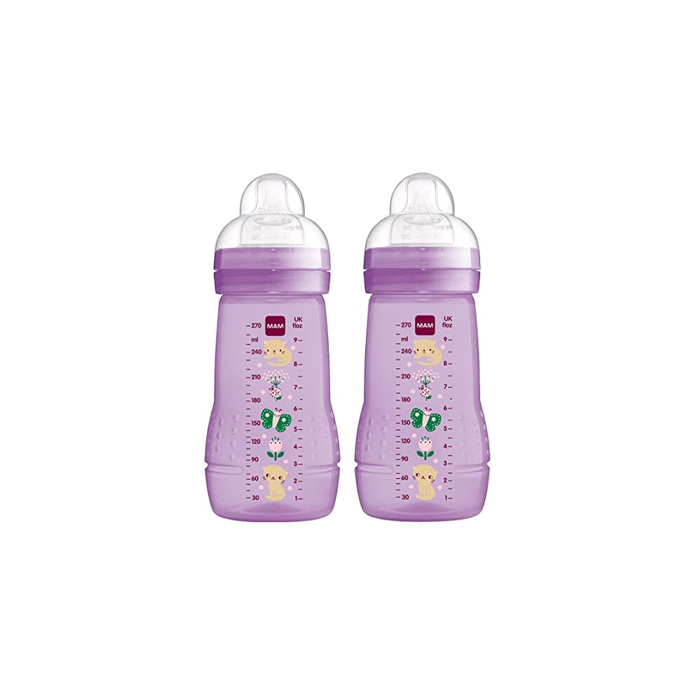 Easy Active Baby Bottle with Medium Flow MAM Teats Size 2, Twin Pack of Baby Bottles, Baby Feeding, 270 ml, Purple (Designs May Vary)