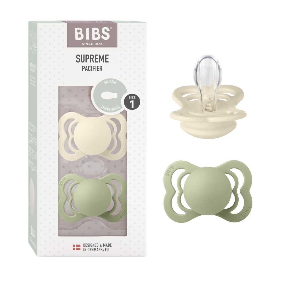 Supreme Soother 2-Pack, Bpa Free Dummy Pacifier, Symmetrical Nipple. Silicone, Size 1 (0-6 Months), /Sage Ivory Bibs