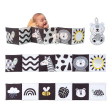 Savannah Black and White 3 in 1 Newborn Baby Pram Book. High Contrast Sensory Soft Double-sided Tummy Time Book with Lion Cub Toy & Baby-safe Mirror.