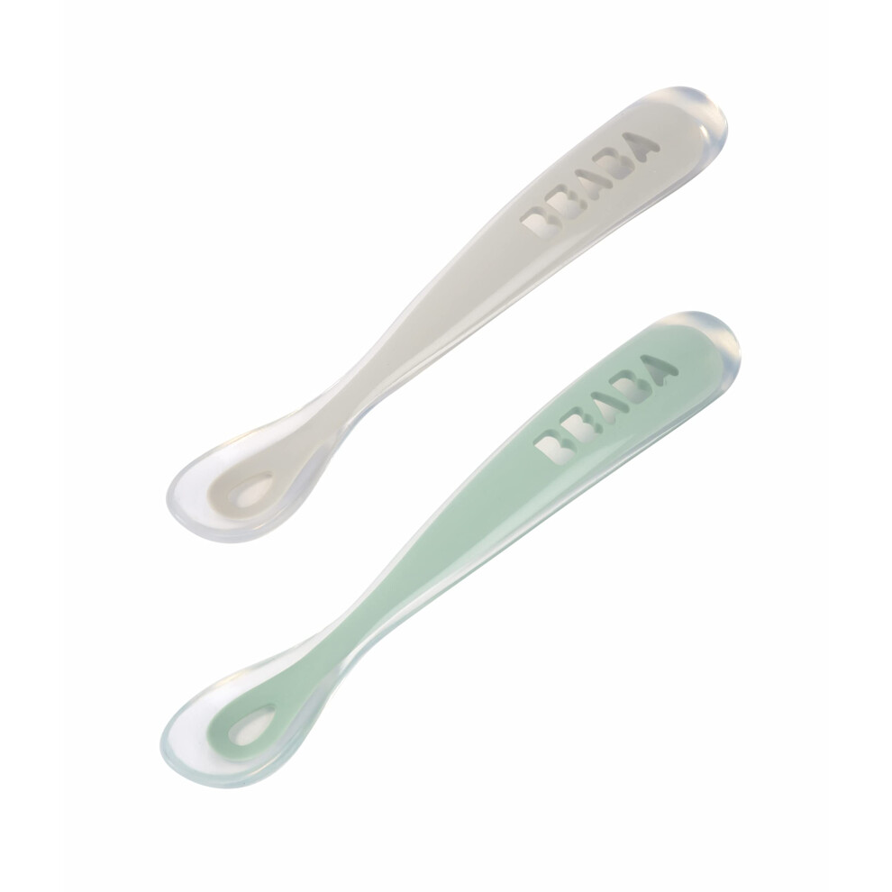 BÃABA - Baby Spoons - Silicone weaning Spoon - Set of 2-1st Stage - with Carrying case - Velvet Grey/sage Green