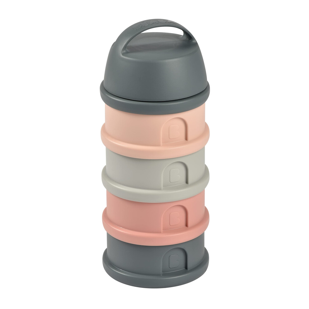 BEABA, Stackable Milk Dispenser, 100% Hermetic, 4 compartments, Made in France, Large Capacity, Evolutive use, Mineral Grey/Pink