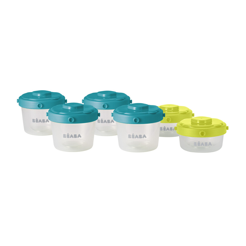 BÃABA - Set of 6 Baby Food Storage Container - Stackable and Clippable pots - 100 Percent Airtight with Measurement indication - Freezer Safe - 2 x