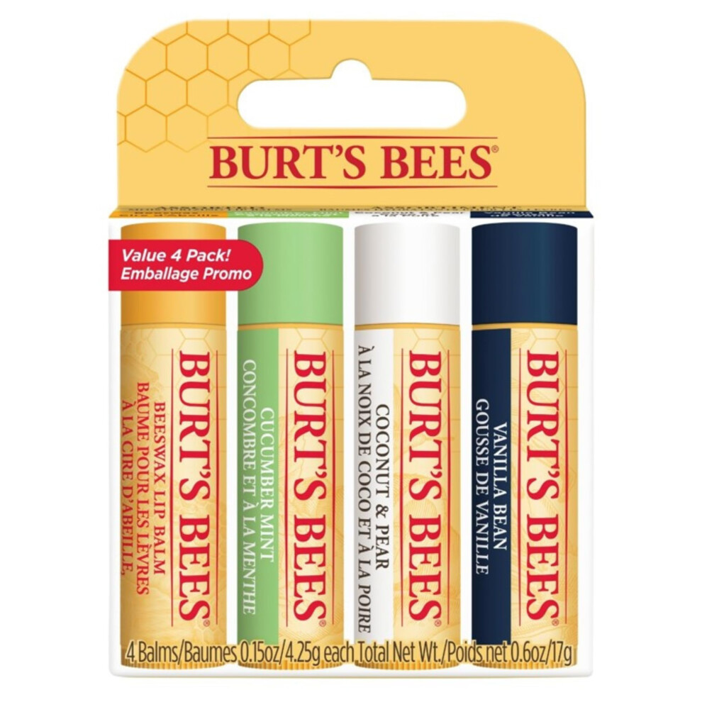 Lip Balm Multipack, Lip Balm Set,Beeswax,Cucumber Mint,Coconut & Pear, Vanilla Bean,Best of Burt's, 4x4.25g