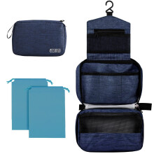 Wash Bag Hanging Toiletry Bag Men Women, Travel Washbag with Hook & Handle, 1 Toilet Bag + 2 Drawstring Bag, Dark Blue