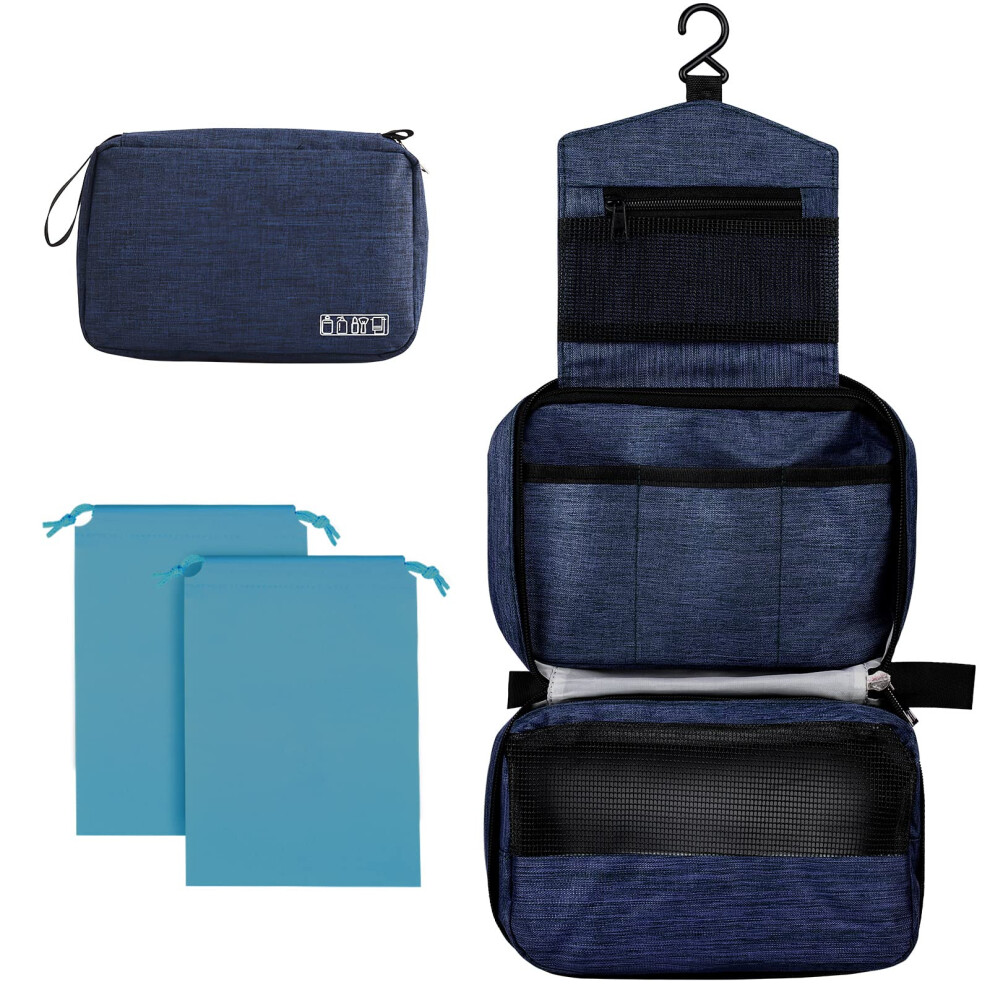 Wash Bag Hanging Toiletry Bag Men Women, Travel Washbag with Hook & Handle, 1 Toilet Bag + 2 Drawstring Bag, Dark Blue