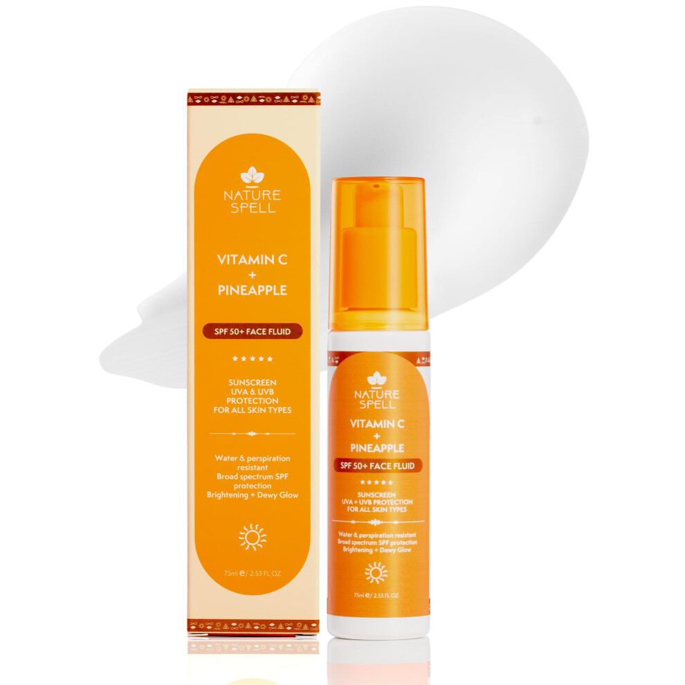 Vitamin C SPF 50 Face Fluid Sunscreen 75ml, UVA & UVB Protection – Suitable for All Skin Types – SPF 50+ Face Moisturiser, Water Resistant, No