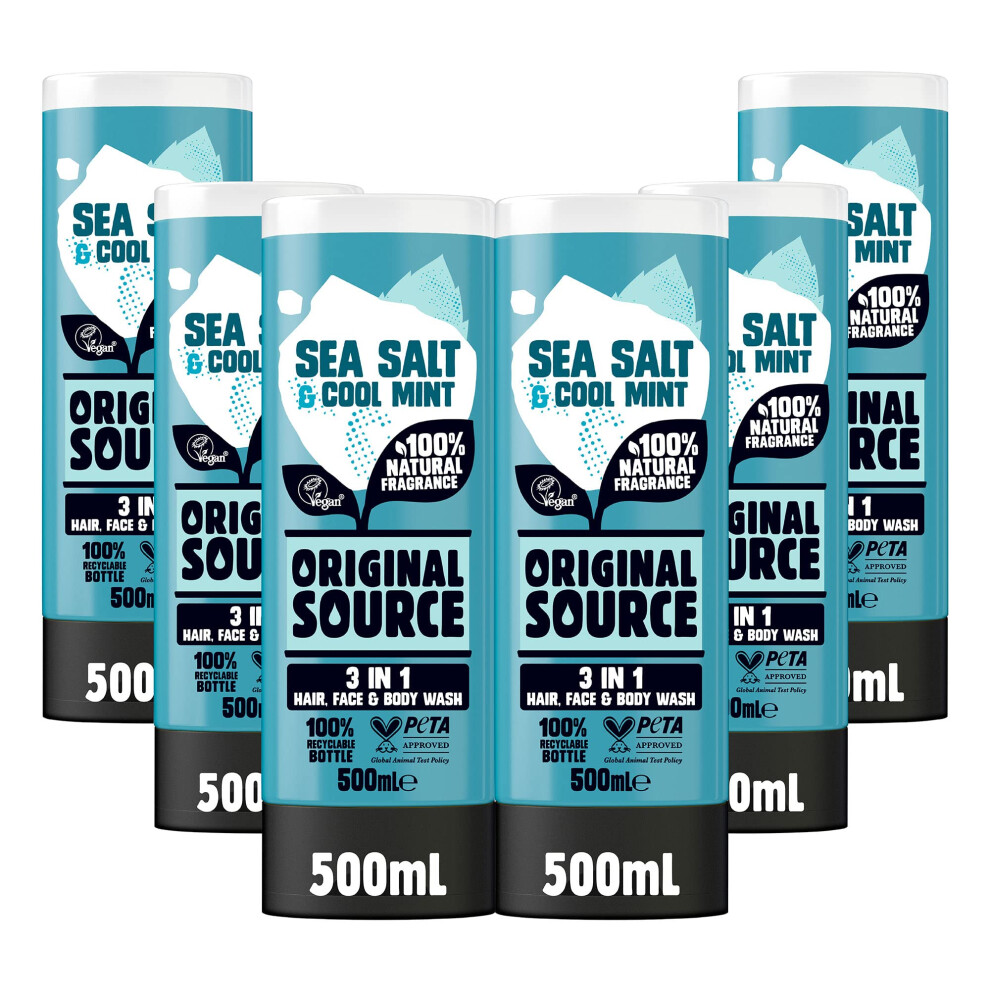 Mens 3in1 Sea Salt & Cool Mint Shower Gel, 100 Percent Natural Fragrance, Vegan, Cruelty Free, Paraben Free, Bulk Buy, Pack of 6 x 500 ml