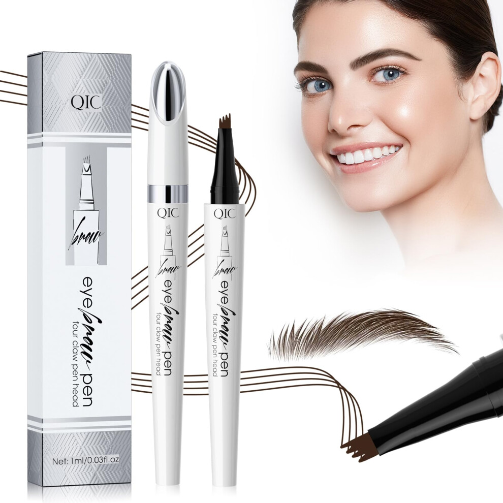 Magic Eyebrow Pencil with 4 Micro-Fork Tip Long-lasting Waterproof Eyebrow Pen and Smudgeproof Brow Pen,Creates Natural Looking Defined Eyebrows(Dark