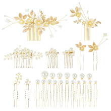 27 Pack Sparkly Glitter Gold Rhinestone Pearl Leaf Flower Bridal Metal Hair Side Combs+U-shaped Hair Pins Clips Barrettes Headpieces Wedding Hair