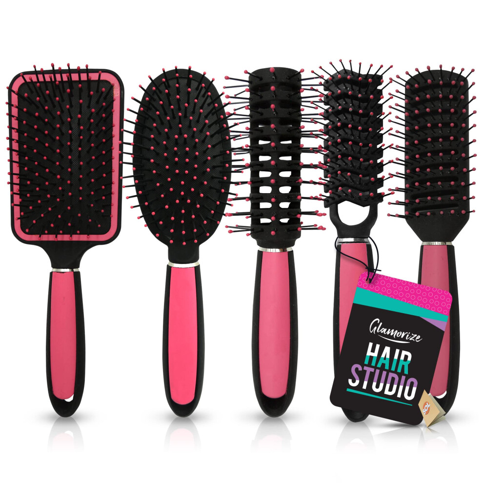 5pk Hair Brush Set | Hairbrushes for Women | Paddle Brush, Cushion Brush, Zig Zag Brush, Round Brush & Vented Hair Brushes for Women | Hair Brush Sets