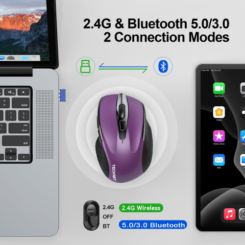 TeckNet Bluetooth Mouse, 4800DPI Wireless Mouse Computer Silent Click USB Mice Bluetooth 3.0/5.0 and 2.4GHz Connectivity Mouse with 6 Adjustable DPI, 30 1