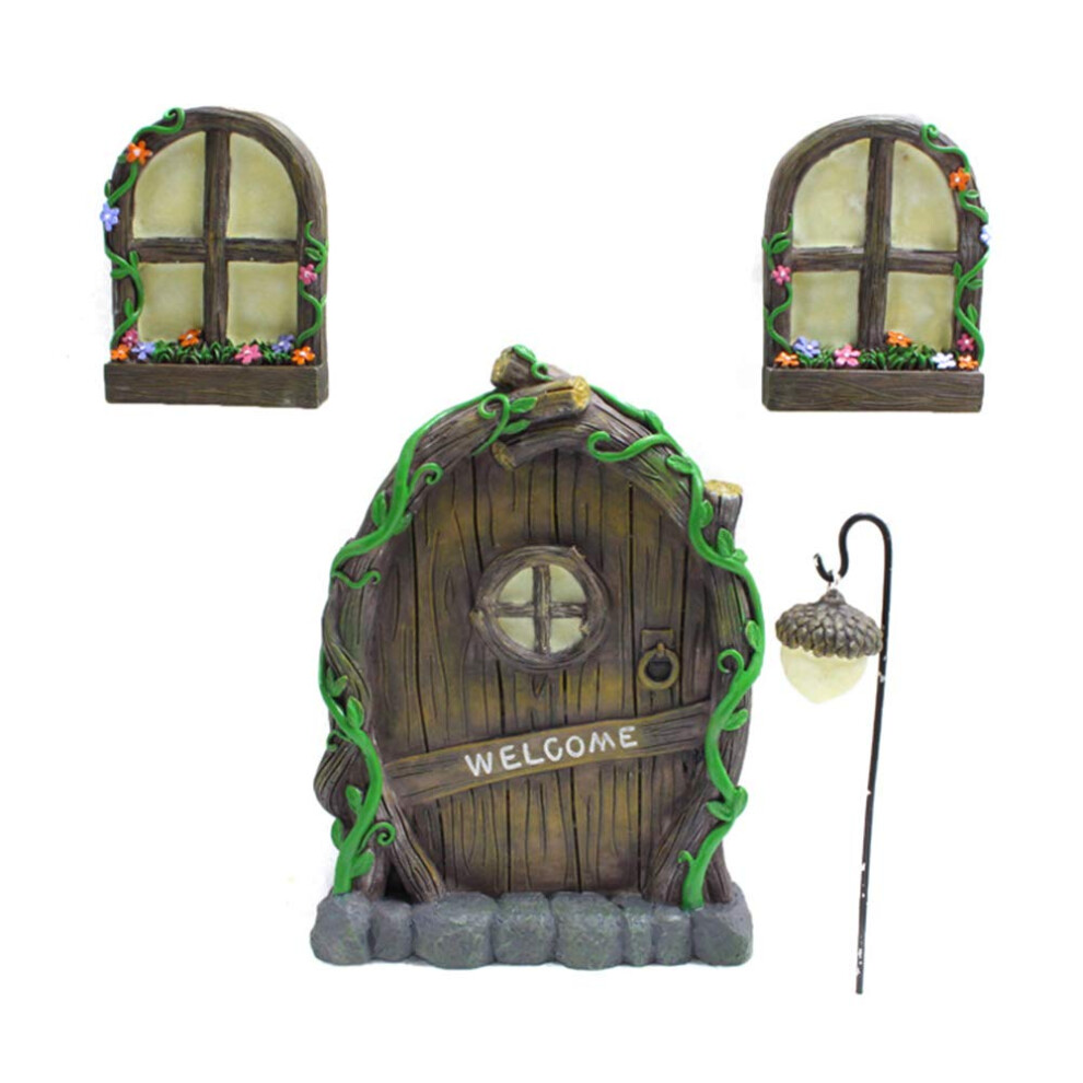 Miniature Fairy Tree Door with Two Glow Windows, Waterproof Door and Windows Tree Statues Mystical Garden Glow Sculptures for Yard Lawn Art Decoration