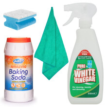 Baking Soda For Cleaning 350g and White Vinegar For Cleaning 500ml Bundled with 1 x Microfiber Cloth and 1 x Non Scratch Scouring Sponge | Bundle by