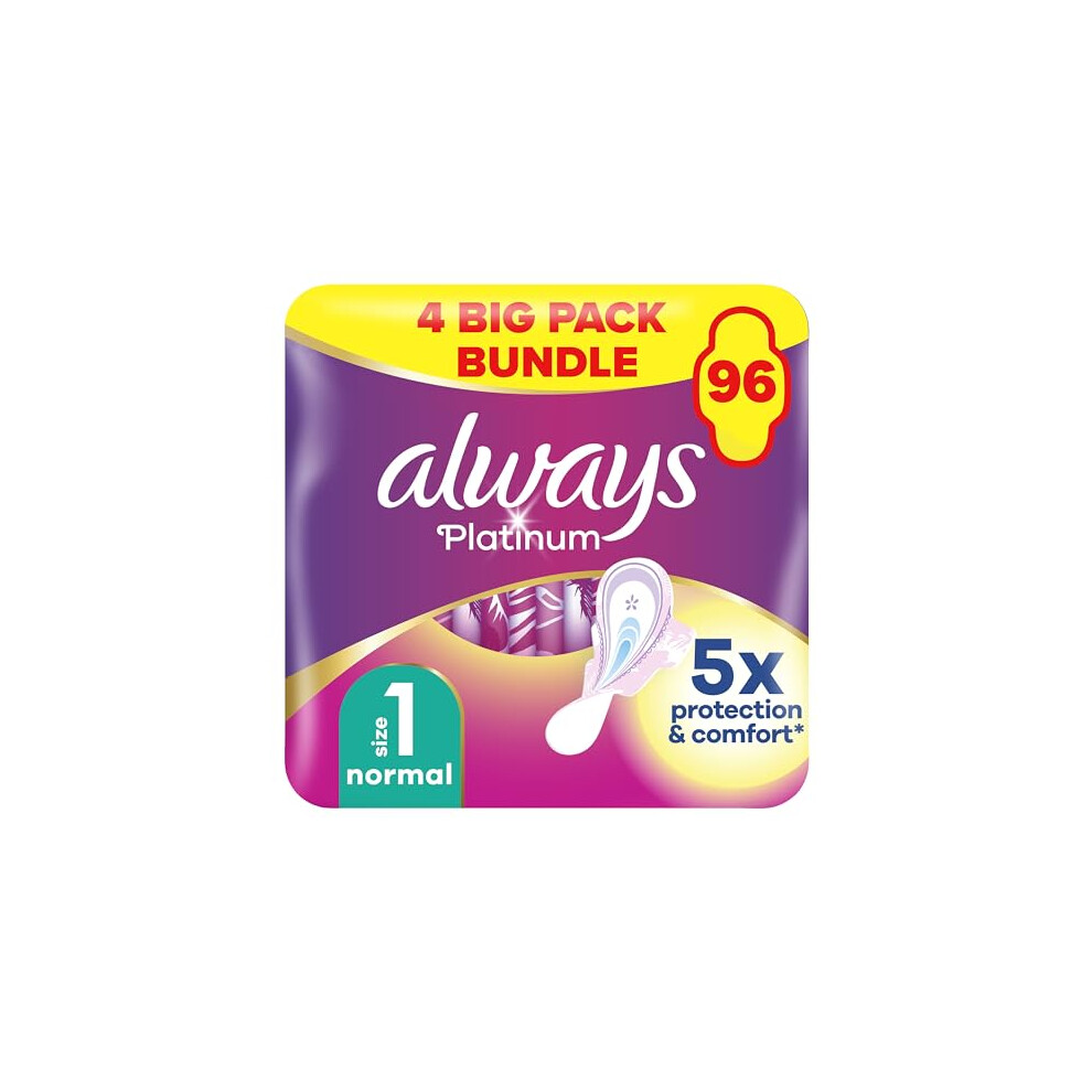 Platinum Extra Comfort Sanitary Towels, Size 1, Normal, Light Flow, 96 Pads With Soft Wings (24 x 4 Packs) SAVING PACK, Leak Protection, Micro