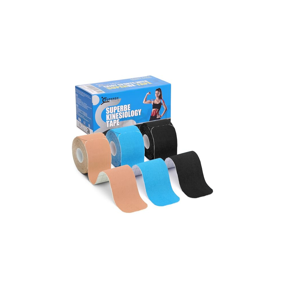 Superbe Precut Kinesiology Tapes (3 Rolls Pack), Sports Tape Muscle Tape For Pain Relief, Muscle Support, Recovery And Physio Therapy (Mix)