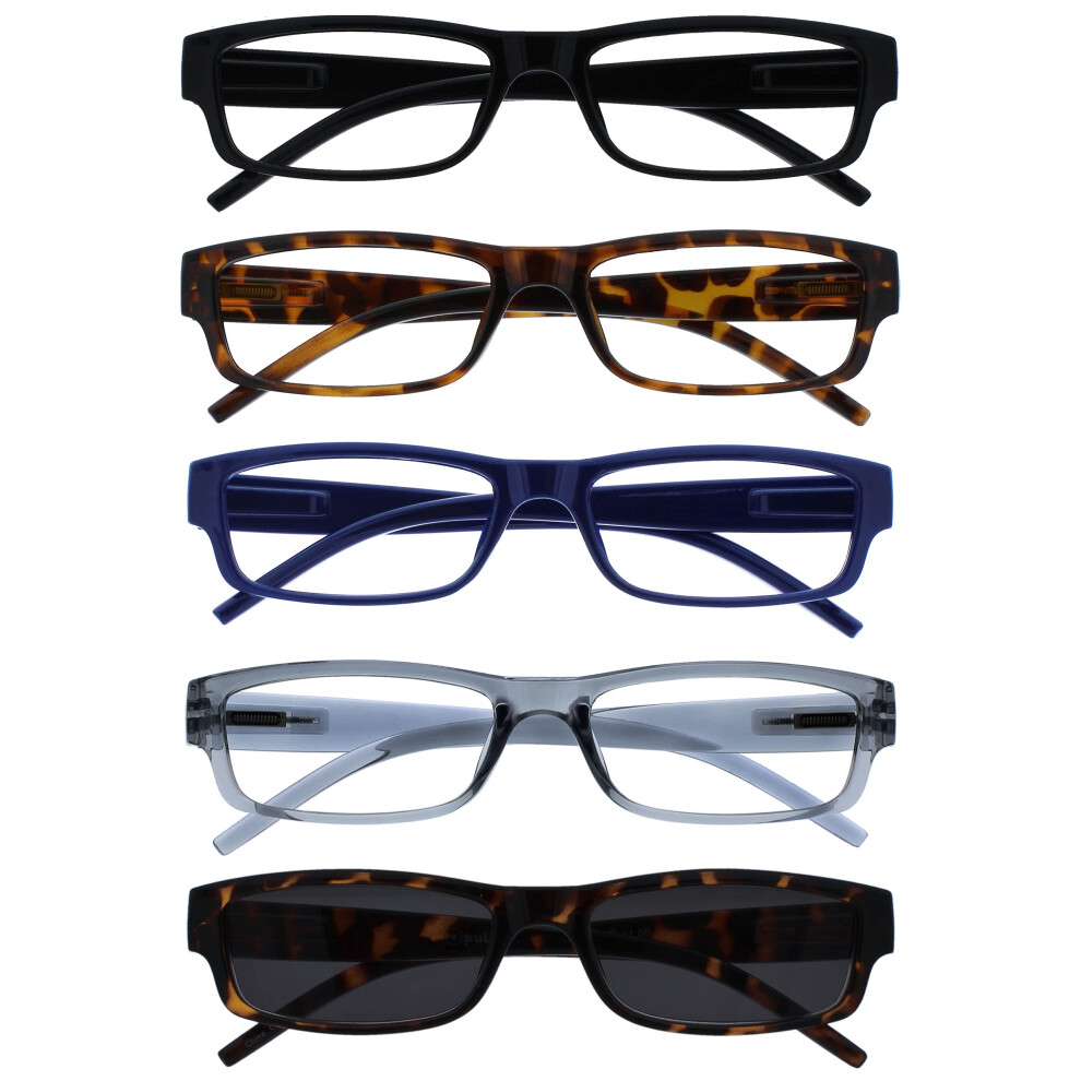 Opulize Black/Brown/Blue The Reading Glasses Company Grey Readers With Sun Reader Value 5 Pack Mens Womens Rrrrs32-12372 +2.00