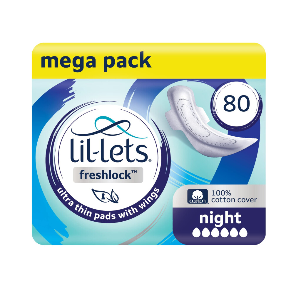 Freshlock Ultra Thin Period Pads - 80 Count, Night Absorbency, with Wings, 8 Packs of 10 Pads - Bulk Pack, Unscented, 100% Cotton Cover, Nightime