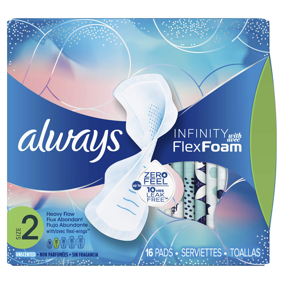 Infinity Size 2 Feminine Pads with Wings, Super Absorbency, Unscented, 16 Count (Packaging May Vary) (Packaging May Vary)