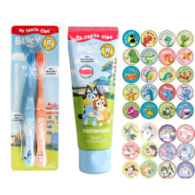 Bluey Toothbrush Duo & Toothpaste (Strawberry) with Homlix Reward 100 Stickers - Children Strawberry Toothpaste