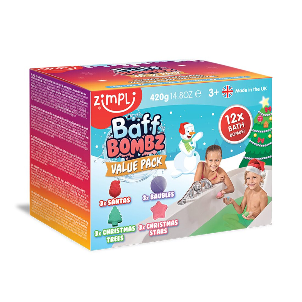 12 x Christmas Bath Bomb Gift Set from Zimpli Kids, Great Value Stocking Fillers for Children, Bath Fizzers, Xmas Presents for Boys & Girls, Organic,