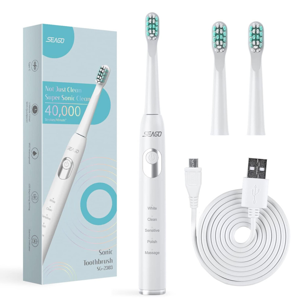 Seago Sg-2303 White Sonic Toothbrush, 700 Mah Battery, 5 Modes, 3 Tips