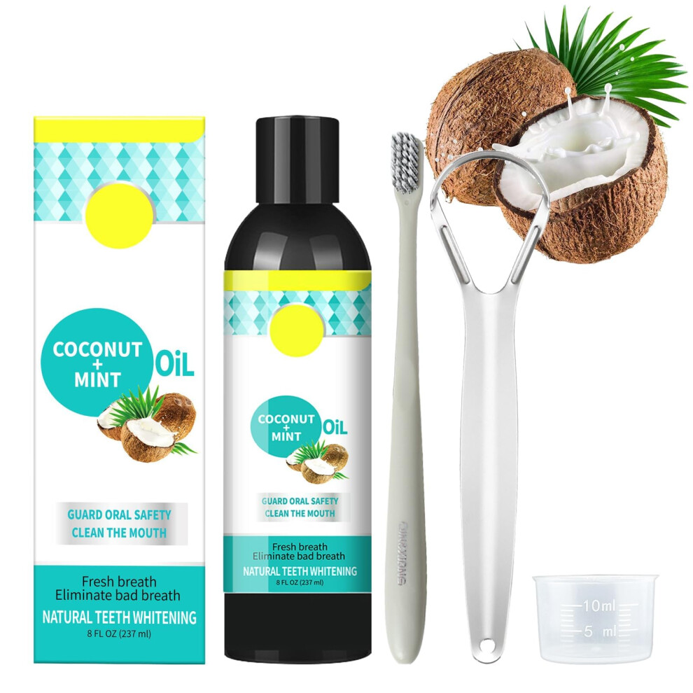 Whitening Oil Pulling Coconut Oil(8 Fl.Oz),Coconut Oil Pulling with Tongue Scraper Toothbrush Mouthwash Alcohol Free Teeth Whitening - 237ML