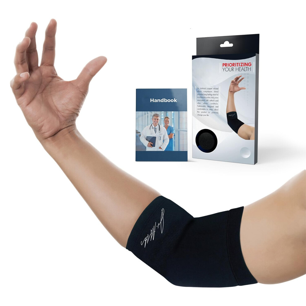 Dr. Arthritis Doctor Developed Copper Elbow Support Compression Sleeve And Doctor Written Handbook- Relief From Tennis/Golfers Elbow & Other Elbow Conditions