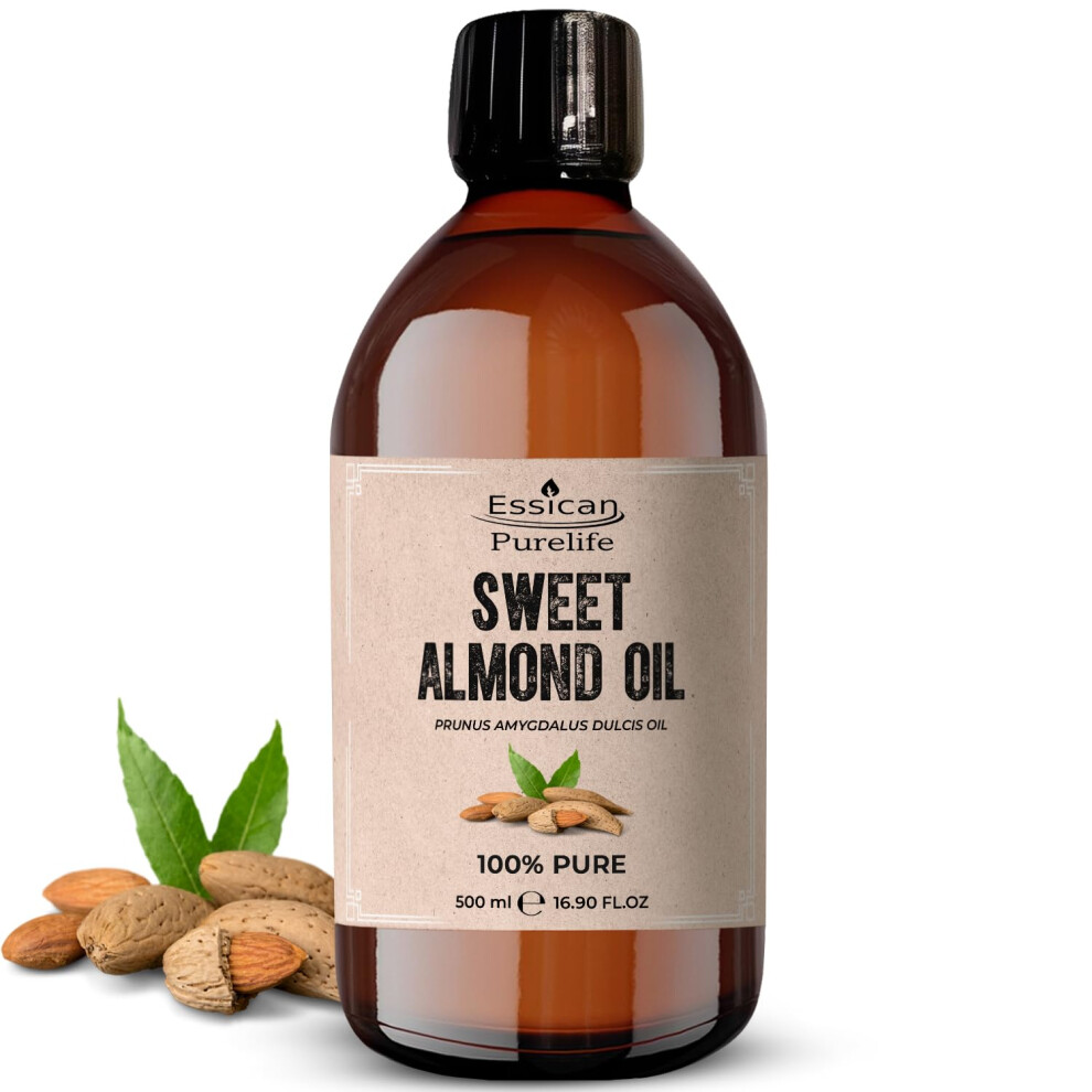 Sweet Almond Oil for Hair 500ml, Pure Almond Oil for Skin, Pure Almond Carrier Oil, Carrier Oil for Essential Oils Mixing, Almond Oil for Ears, Face,