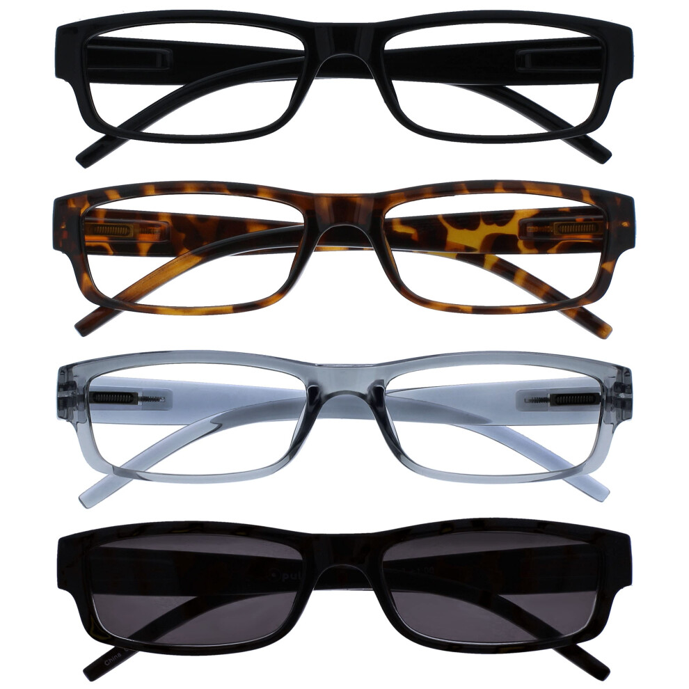 Opulize Men's Black/Brown/Grey The Reading Glasses Company Readers With Uv400 Sun Reader Value 4 Pack Wo Rrrs32-1271 +1.00