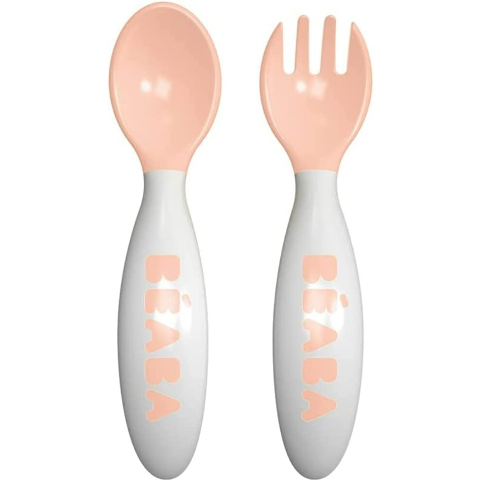 BÃABA - Set of 2nd Age Training Fork and Spoon Nude - Ergonomique Shape - Suitable for Left-Handed and Right-Handed - Transport Case included - Pink