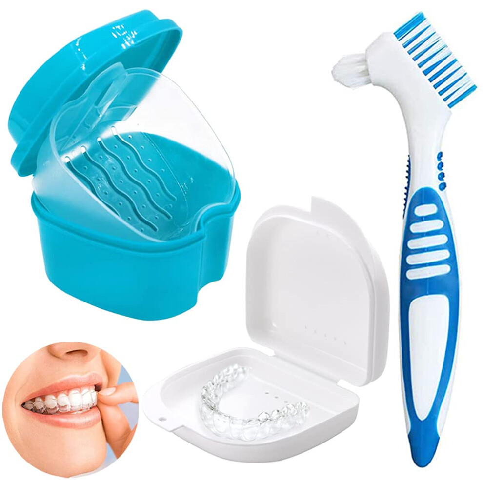 Huyiwei Blue Denture Case Orthodontic,Denture Cleanning Set,Denture Box,With Braces Storage Box, Braces Filter Cleaning Box,Toothbrush( Toothbrush)