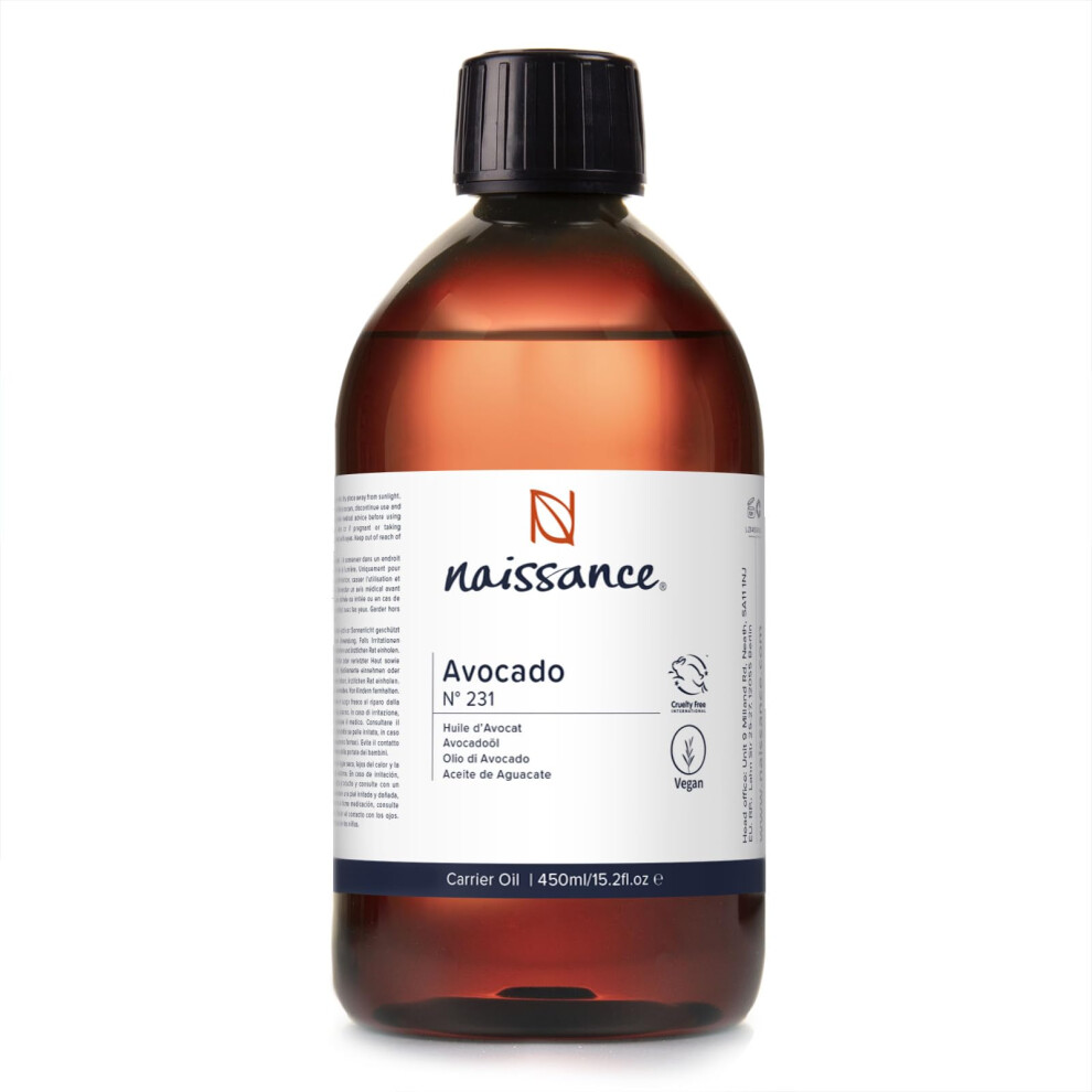 Naissance Avocado Oil (No. 231) - 450Ml - Natural, Vegan - Moisturiser For Skin, Face, Nails, Body, Hair, Growth, Nails, Soap Making, Massage