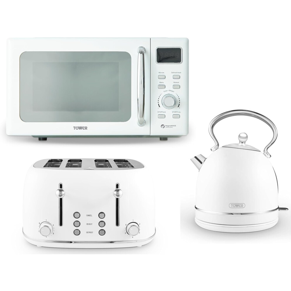 Tower Heritage White Dome Kettle 4 Slice Toaster & Digital Microwave