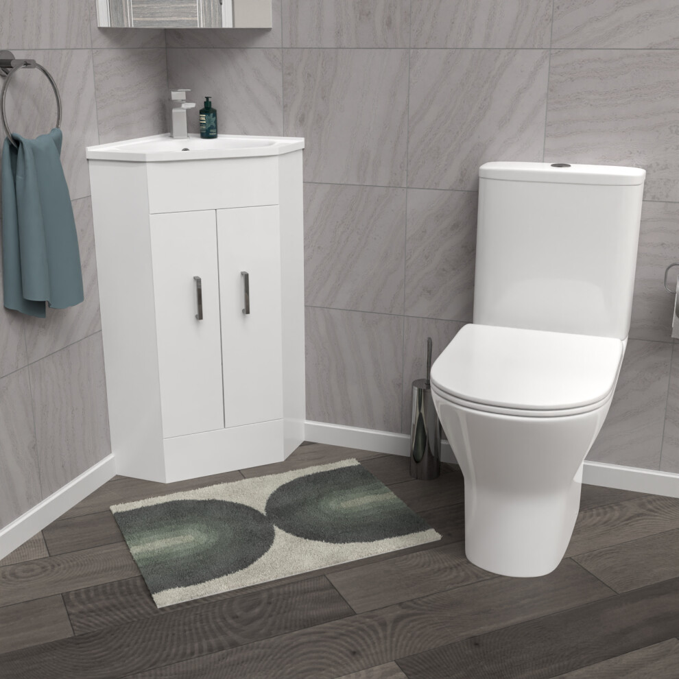 Nes Home White Corner Vanity Unit with Ceramic Basin & Round Rimless Toilet Set