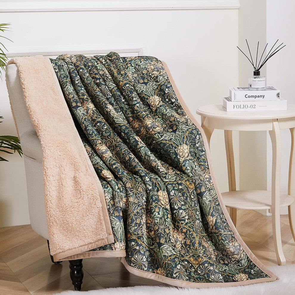 (200x150cm, Honeysuckle) William Morris Sherpa Fleece Blanket Bed Throw Blanket Fluffy Snuggle Blanket Large Throws for Sofas Settees Decorative Microfiber blankets