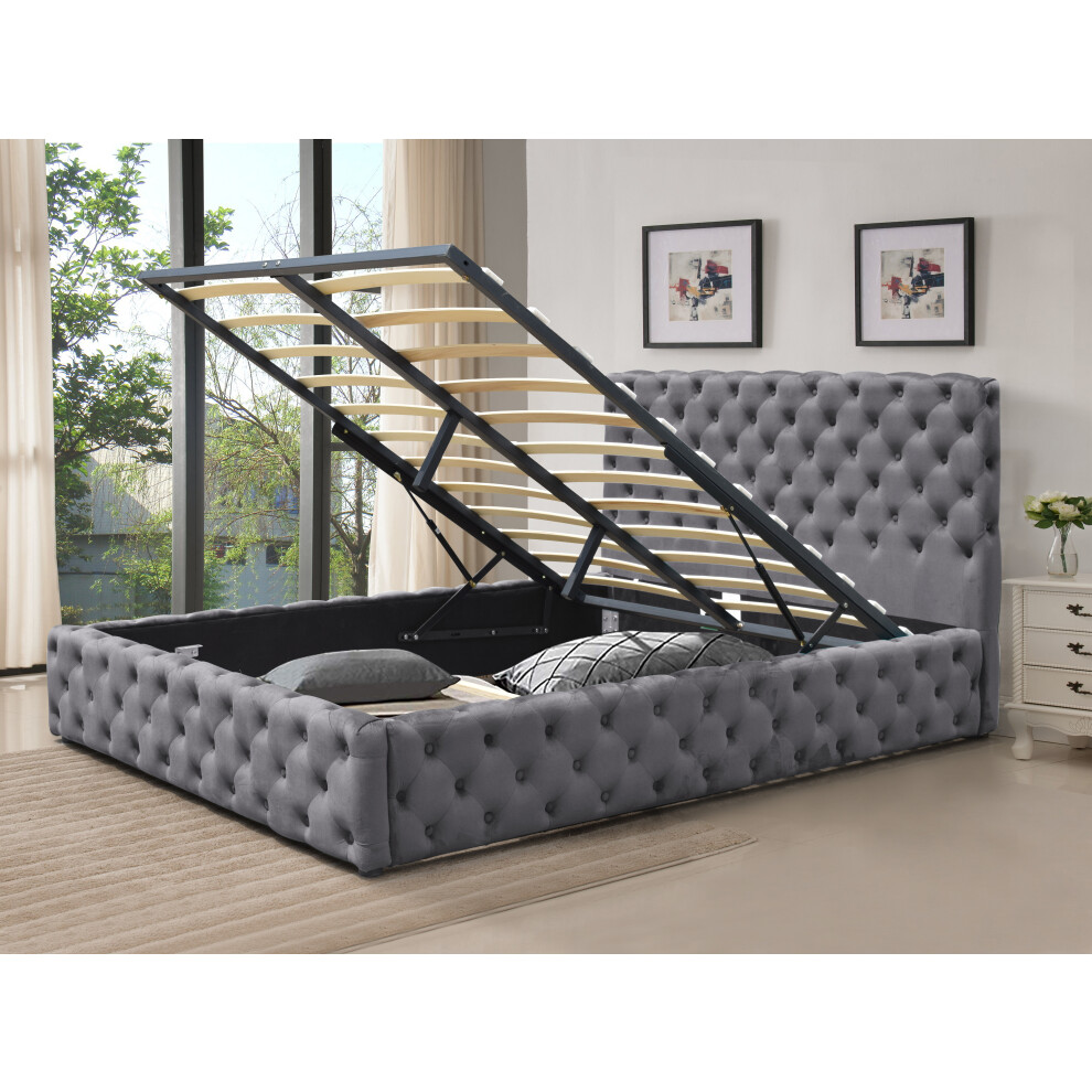 (4ft6 Double, No Mattress) Tufted Fabric Gas Lift Ottoman Bed Frame In Grey In 3ft, 4ft6 or 5ft