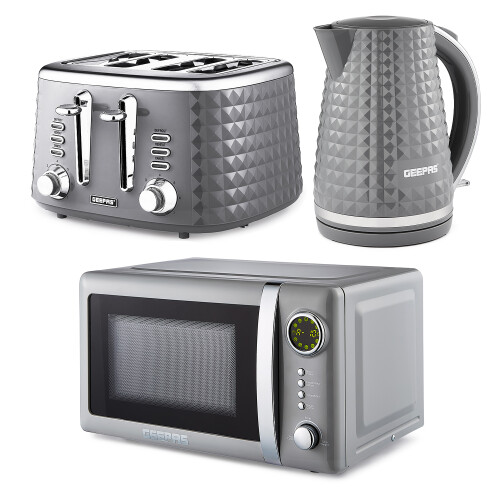 (Grey) Geepas Electric Kettle, Toaster & Microwave Set