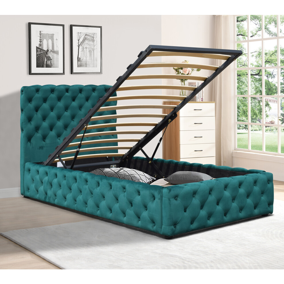 (No Mattress, 3ft Single) Tufted Fabric Gas Lift Ottoman Bed Frame In Green 3ft, 4ft6 Or 5ft