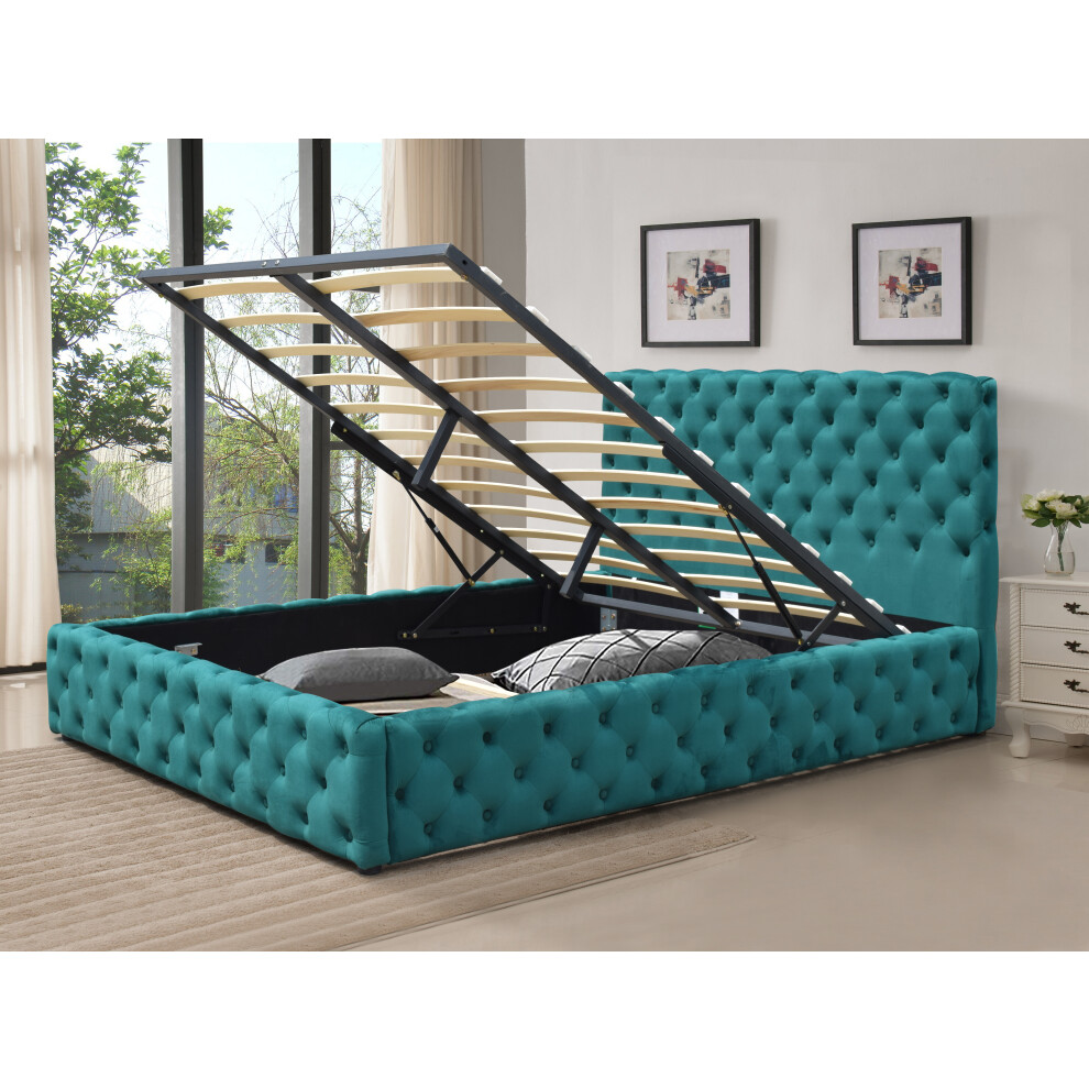 (No Mattress, 5ft King Size) Tufted Fabric Gas Lift Ottoman Bed Frame In Green 3ft, 4ft6 Or 5ft