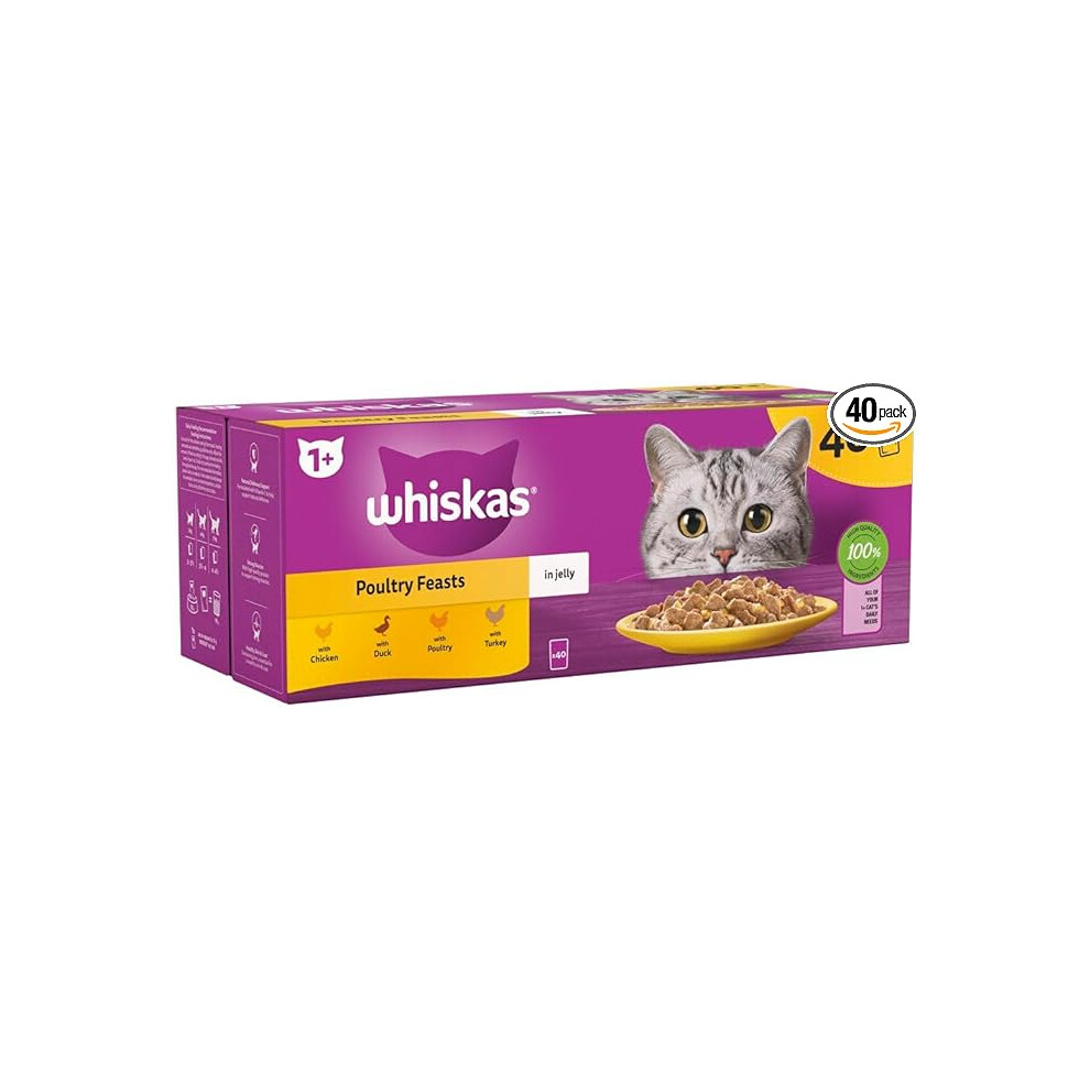 Whiskas 1+ Adult Poultry Selection in Jelly 40 Pouches, Adult Wet Cat Food, Megapack (40 x 85 g)