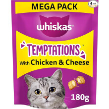 WHISKAS Temptations Tasty Crunchy Treats for Adult Cats Small Bite Size Snacks with Delicious Chicken & Cheese Filling 4 x 180g Packets Pack May Vary