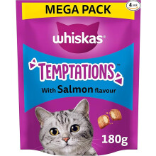 WHISKAS Temptations Tasty Crunchy Treats for Adult Cats Small Bite Size Snacks with a Delicious Salmon Flavour Filling, 4x180 g Packets Pack May Vary