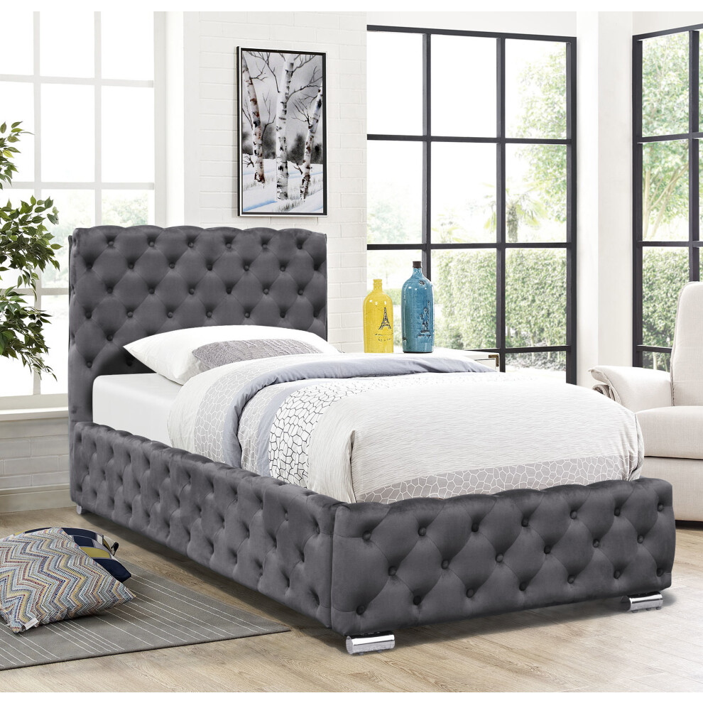 (With Amelia Mattress, 3ft Single) Tufted Fabric Bed Frame In Grey 3ft, 4ft6 or 5ft