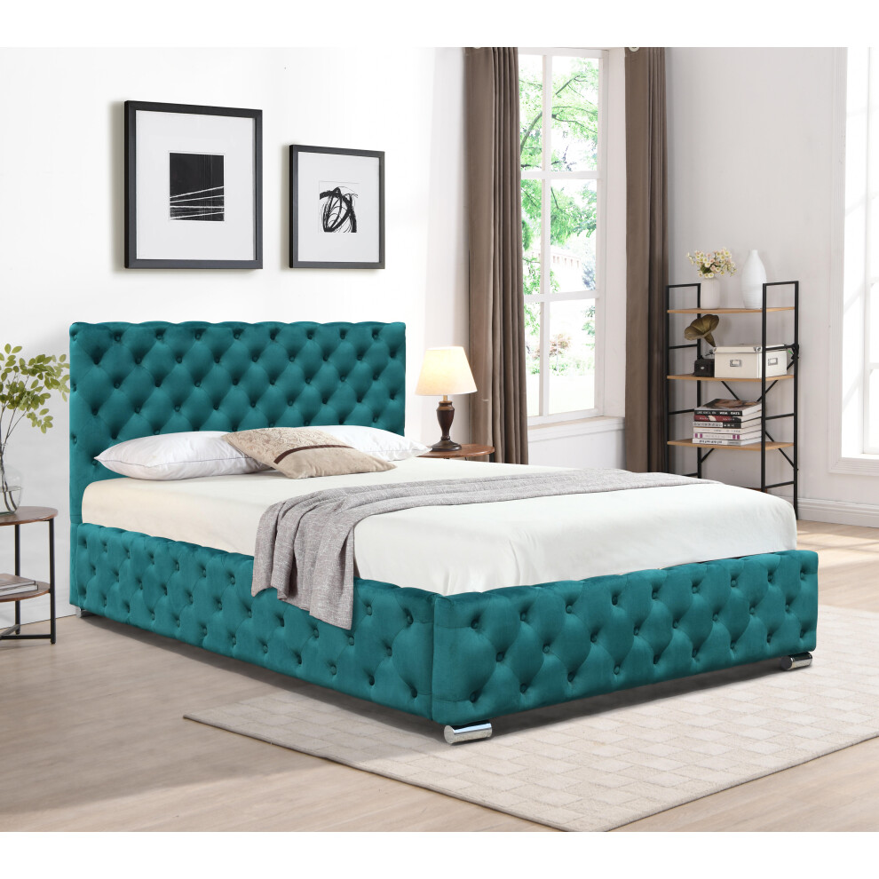 (With Lucy Mattress, 4ft6 Double) Tufted Fabric Bed Frame In Green 3ft, 4ft6 or 5ft