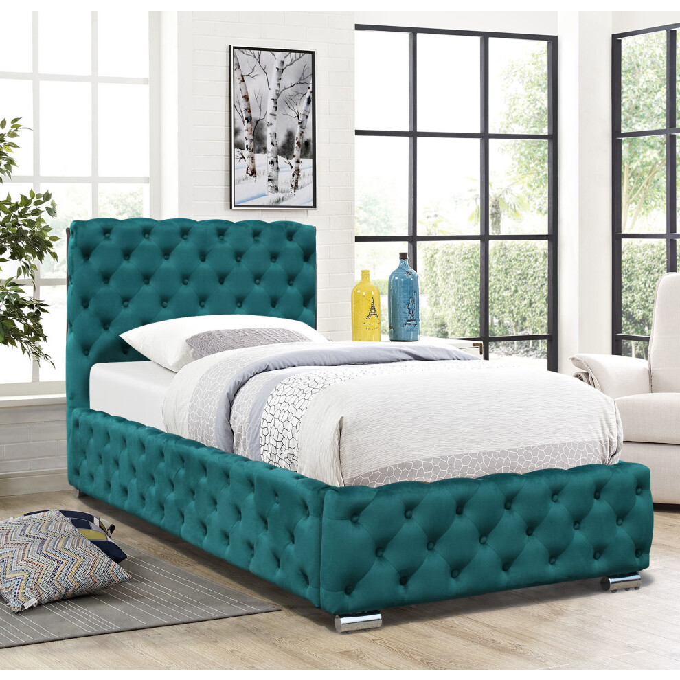 (With Kerri Mattress, 3ft Single) Tufted Fabric Bed Frame In Green 3ft, 4ft6 or 5ft