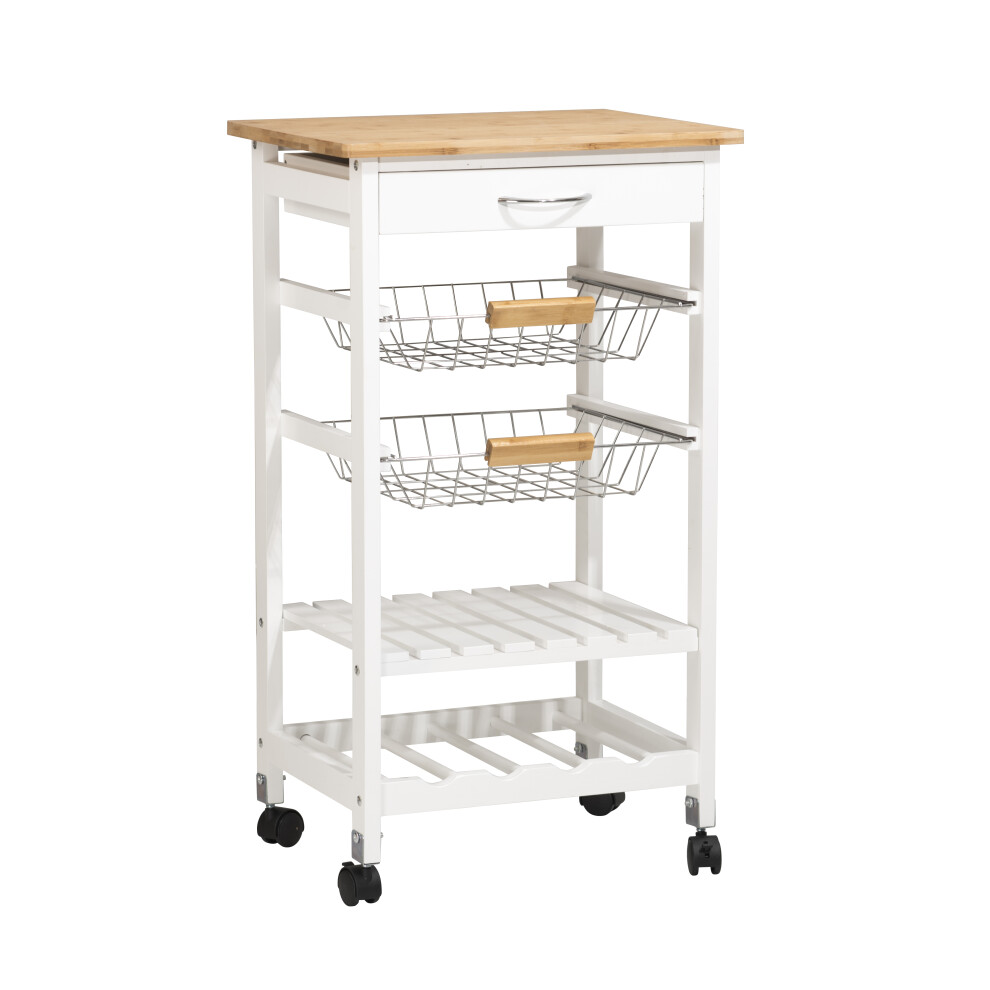 Spot On Dealz 5-Tier Kitchen Trolley: Mobile Rolling Island With Drawer, 2 Basket Shelves & Wine Rack, Bamboo Top & Frame (G-0020) White
