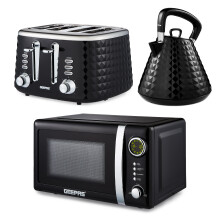 (Black) GEEPAS Electric Kettle, Toaster & Microwave Set
