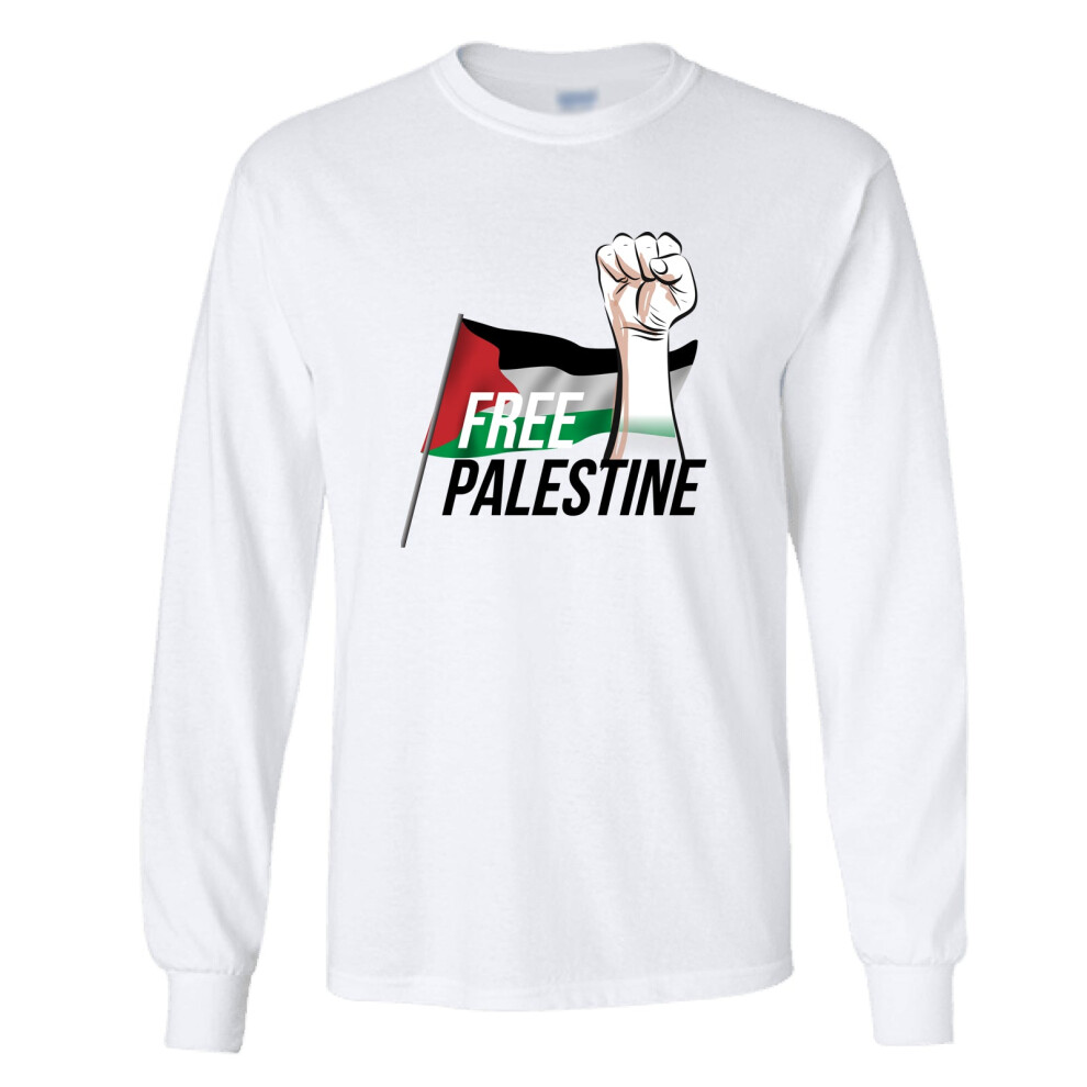 (2XL) Free Palestine Political Freedom War Flag Long Sleeve Mens T-Shirt White Tee Top